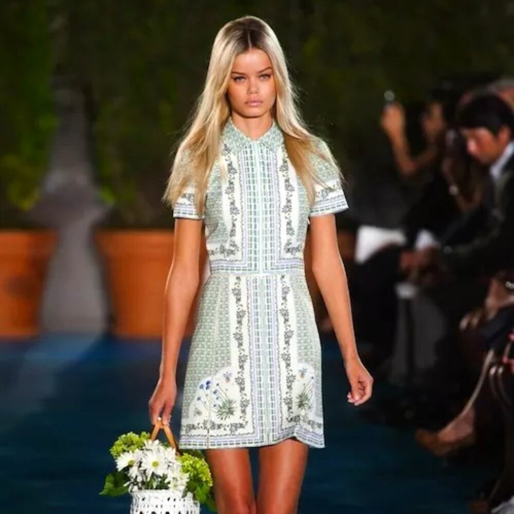 Tory Burch Dress SZ 4 Talia Garden Party RARE Floral Green Runway Shirtdress